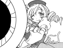  aiming aiming_at_viewer bad_id bad_pixiv_id beret breasts corset detached_sleeves drill_hair female fingerless_gloves gloves greyscale gun hair_ornament hat huge_weapon large_breasts magical_girl mahou_shoujo_madoka_magica mahou_shoujo_madoka_magica_(anime) monochrome one_eye_closed photoshop_(medium) pleated_skirt rifle sashio_sae_(omutsu_sniper) skirt solo tiro_finale tomoe_mami tomoe_mami_(magical_girl) weapon 