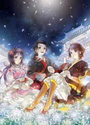  2boys axis_powers_hetalia black_hair bracelet brown_eyes brown_hair china_(hetalia) chinese_clothes chrysanthemum commentary_request cup female flower hair_flower hair_ornament hanfu holding hong_kong_(hetalia) jane_mere jewelry long_hair multiple_boys night night_sky petals photoshop_(medium) ponytail seiza short_hair sitting sky star_(sky) starry_sky taiwan_(hetalia) white_flower wind 