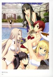  6+girls :d :o absurdres aged_down armpits artbook artoria_pendragon_(fate) banana bandeau bikini black_hair blonde_hair blue_eyes blush blush_stickers book brown_eyes casual_one-piece_swimsuit clenched_teeth closed_eyes curry fate/zero fate_(series) food fruit grapes green_eyes hair_ribbon highres hisau_maiya irisviel_von_einzbern lolicon long_hair matou_sakura mother_and_daughter multiple_girls navel nekonyan o-ring o-ring_bottom o-ring_top one-piece_swimsuit open_mouth ponytail pool purple_eyes purple_hair red_eyes ribbon saber_(fate) scan short_hair siblings sisters smile sola-ui_nuada-re_sophia-ri spoon swimsuit teeth tohsaka_aoi tohsaka_rin twintails white_hair 