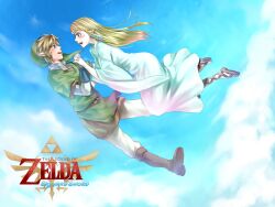  1boy belt blonde_hair blue_eyes commentary_request earrings falling female hat highres jewelry link long_hair pointy_ears princess_zelda pun tears the_legend_of_zelda the_legend_of_zelda:_skyward_sword wasabi_(legemd) 