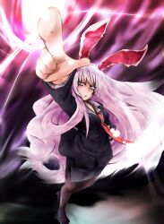  animal_ears bad_id bad_pixiv_id blazer book breasts commentary_request female foreshortening glowing highres jacket long_hair medium_breasts miniskirt necktie pantyhose pink_eyes pointing purple_hair rabbit_ears reisen_udongein_inaba skirt solo tobatoinu touhou very_long_hair 