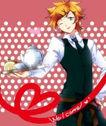  1boy 6-k-i-7 bad_id bad_pixiv_id blue_eyes brown_hair fate/extra fate_(series) hair_ornament hair_over_one_eye hairclip heart heart_of_string male_focus necktie one_eye_closed red_hair robin_hood_(fate) solo teapot vest waistcoat waiter 