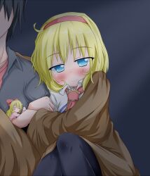  1boy alice_margatroid aqua_eyes arm_hug ascot black_legwear blanket blonde_hair blush blush_stickers bow capelet closed_eyes commentary_request couple faceless faceless_male female hairband hairbow oden_(th-inaba) pantyhose shanghai_doll shirt short_hair sleeping smile solo_focus straight touhou 