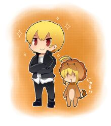  1boy ahoge animal_costume artoria_pendragon_(fate) blonde_hair casual chibi commentary_request crossed_arms drooling fate/stay_night fate/tiger_colosseum fate/unlimited_codes fate_(series) female gilgamesh_(fate) gilgamesh_(immoral_biker_jacket)_(fate) lion_costume official_alternate_costume razuzyamu red_eyes saber_lion short_hair |_| 