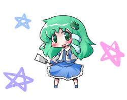  blush chibi female frog gohei green_eyes green_hair hair_ornament kochiya_sanae maitora open_mouth skirt snake solo star_(symbol) touhou 