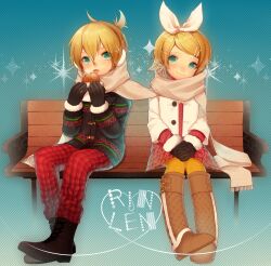  1boy aqua_eyes blonde_hair blush boots bow brother_and_sister commentary_request eating female food gloves hair_ornament hair_ribbon hairbow hairclip kagamine_len kagamine_rin momoshiki_tsubaki orange_legwear pants pantyhose plaid plaid_pants polka_dot ribbon scarf shared_clothes shared_scarf short_hair siblings sitting skirt smile taiyaki twins vocaloid wagashi 