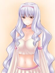  bad_id bad_pixiv_id bare_shoulders breasts bustier cleavage commentary_request detached_sleeves female hairband idolmaster idolmaster_(classic) large_breasts light_smile long_hair midriff navel red_eyes shijou_takane shima-shuu smile solo very_long_hair white_hair 