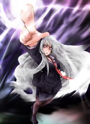  bad_id bad_pixiv_id blazer book breasts commentary_request female foreshortening grey_hair highres idolmaster idolmaster_(classic) jacket long_hair medium_breasts miniskirt necktie pantyhose pink_eyes pointing shijou_takane skirt solo tobatoinu very_long_hair 