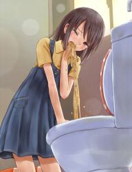  bathroom blush brown_eyes brown_hair bulemic dreamrabbit dress female flat_chest kneeling lolicon open_mouth original skirt solo tears toilet vomit wince wink yuyuzuki_(yume_usagi) 