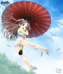  ass bare_legs bare_shoulders blue_eyes blue_sky brown_hair cloud cura day female floating from_below highres hishakaku kneepits leaf legs long_hair looking_down monobeno oil-paper_umbrella open_mouth outdoors sandals sawai_natsuha shorts sky solo two_side_up umbrella umbrella_riding wind 