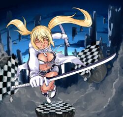  :q bad_deviantart_id bad_id bikini bikini_top_only black_rock_shooter blonde_hair boots breasts cape checkered_floor cleavage dark-skinned_female dark_skin female floating_island hood hoodie jumping katana kekekeke large_breasts long_hair navel scabbard scar sheath solo swimsuit sword tongue tongue_out twintails weapon white_rock_shooter yellow_eyes zipper 