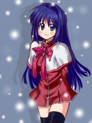  aoyagi_kakerugeki blue_eyes blue_hair commentary_request female kanon long_hair minase_nayuki red_skirt school_uniform skirt solo thighhighs 