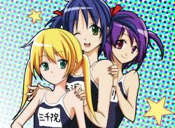  blonde_hair green_eyes hayate_no_gotoku! long_hair nishizawa_ayumu one-piece_swimsuit purple_hair red_eyes sanzen&#039;in_nagi sanzenin_nagi school_swimsuit segawa_izumi swimsuit twintails wink 