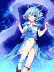  bad_id bad_pixiv_id blue_eyes blue_hair breasts female flower hair_ornament hair_rings hair_stick kaku_seiga medium_breasts meronpanna_(mikoniito) one_eye_closed shawl smile solo touhou vest 