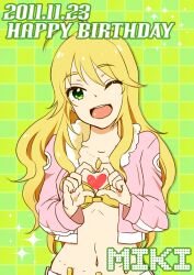  ahoge blonde_hair commentary_request female green_eyes heart himeko_(chp) hoshii_miki idolmaster idolmaster_(classic) jacket jewelry long_hair midriff navel necklace one_eye_closed open_mouth photoshop_(medium) pink_diamond_765_(idolmaster) smile solo 