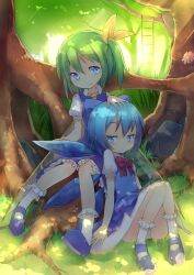  2girls ascot blue_eyes blue_hair blue_skirt bobby_socks bow cirno commentary_request daiyousei dappled_sunlight fairy_wings flower forest fred04142 grass green_hair hair_ribbon hairbow hand_on_another&#039;s_head ice ice_wings jitome ladder mary_janes multiple_girls nature outdoors panties pantyshot photoshop_(medium) plant_roots ponytail ribbon rock shoes short_hair short_ponytail side_ponytail sitting skirt smile socks sunlight touhou tree tree_shade under_tree underwear white_legwear white_panties wings 