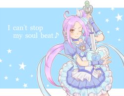  aqua_background asymmetrical_hair bad_id bad_pixiv_id blue_choker blue_skirt blue_theme brooch check_(check_book) choker cure_beat eighth_note female frills g-clef_(suite_precure) guitar hair_ornament hairpin heart instrument jewelry kurokawa_eren long_hair love_guitar_rod magical_girl musical_note one_eye_closed precure purple_hair seiren_(suite_precure) side_ponytail skirt solo suite_precure wrist_cuffs yellow_eyes 