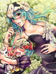  2girls bleach dondochakka_birstanne dual_persona food fruit green_hair looking_at_viewer midoriiro_muku multiple_girls nelliel_tu_odelschwanck open_mouth pesche_guatiche smile strawberry 