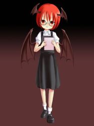  alternate_hairstyle bat_wings bespectacled black_dress blush book commentary_request dress female full_body glasses koakuma lolicon photoshop_(medium) red_eyes red_hair shoes short_hair simple_background sixten smile solo touhou wings 