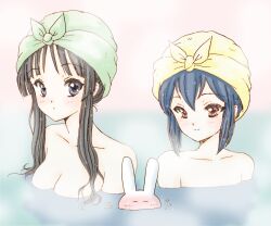  2girls akiyama_mio bad_id bad_pixiv_id bathing black_eyes black_hair bluez brown_eyes k-on! long_hair multiple_girls nakano_azusa rabbit same-sex_bathing shared_bathing towel towel_on_head 