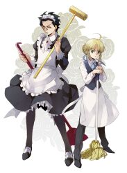  1boy ahoge alternate_costume apron artoria_pendragon_(fate) black_hair blonde_hair blush broom commentary_request crossdressing diarmuid_ua_duibhne_(lancer)_(fate) dual_wielding fate/zero fate_(series) female formal hair_ribbon holding maid maid_headdress mole mole_under_eye mop necktie paint_roller pantyhose partial_commentary photoshop_(medium) pinki_(shounenkakuseiya) ribbon saber_(fate) short_hair suit 