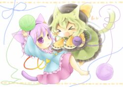  &gt;_&lt; :3 animal_ears arms_up barefoot blush blush_stickers cat_ears cat_tail chibi closed_eyes collaboration frills green_hair hairband hat heart highres kemonomimi_mode komeiji_koishi komeiji_satori multiple_girls object_on_head open_mouth pink_skirt purple_eyes purple_hair short_hair siblings sisters skirt tail third_eye touhou yakimochi yarn yarn_ball yasiro 