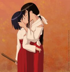  2girls aoyama_motoko bad_id black_hair blue_hair broom closed_eyes couple japanese_clothes kissing long_hair love_hina maehara_shinobu miko multiple_girls ponytail short_hair sidelocks toweringman yuri 