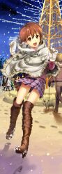  :d andou_shuki boots brown_eyes brown_hair canine commentary_request female footprints gloves hagiwara_yukiho high_heels highres idolmaster idolmaster_(classic) knee_boots open_mouth plaid plaid_skirt pleated_skirt shoes short_hair skirt sky smile snow snowing solo 