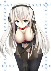  android black_eyes black_legwear bodysuit boots breasts cleavage commentary_request female headdress highres horizon_ariadust kuroneko_shiro kyoukaisenjou_no_horizon large_breasts leaning_forward long_hair pantyhose solo thigh_boots thighhighs white_hair 