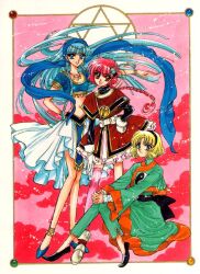  1990s_(style) 3girls bare_legs blue_eyes blue_hair circlet clamp_(circle) dress frills full_body green_eyes group_picture hairband hands_on_own_knee head_scarf hexagram hououji_fuu jewelry long_hair magic_knight_rayearth midriff multiple_girls navel necklace official_alternate_costume official_art pink_legwear red_eyes retro_artstyle ryuuzaki_umi scan shidou_hikaru shoes single_thighhigh sitting smile thighhighs yin_yang 