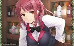  bartender bottle bow bowtie brown_eyes courreges_ace female highres isuzu_sayoko light_smile red_hair solo sucre 