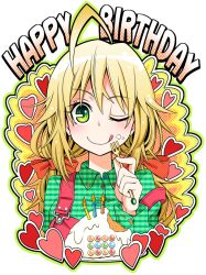  ;q ahoge blonde_hair blush cake commentary_request emu_(toran) female food food_on_face fork green_eyes happy_birthday heart hoshii_miki idolmaster idolmaster_(classic) one_eye_closed smile solo suspenders tongue tongue_out 