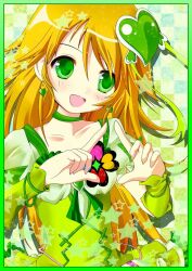  :d blonde_hair border commentary_request cosplay female fresh_precure! heart hoshii_miki idolmaster idolmaster_(classic) long_hair md5_mismatch open_mouth oyuno_hirosuke precure smile solo unofficial_precure_costume 