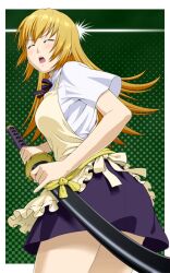  apron blonde_hair closed_eyes commentary_request female ichikawa_masahiro katana long_hair open_mouth perspective skirt solo surprised sword todoroki_yachiyo waitress weapon working!! 