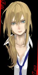  androgynous artoria_pendragon_(fate) black_background blonde_hair blue_necktie bonnou-s-rice breasts cleavage closed_mouth collarbone collared_shirt colored_eyelashes commentary_request copyright_name dress_shirt fate/zero fate_(series) female formal green_eyes hair_between_eyes hair_over_shoulder lips long_hair long_sleeves looking_at_viewer low_ponytail messy_hair necktie open_clothes ponytail realistic reverse_trap saber_(fate) shirt solo suit upper_body white_shirt 