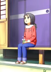  black_eyes black_hair commentary_request cup denim door female hood hoodie jeans kinosuke_(sositeimanoga) long_sleeves looking_afar mug nichijou pants sandals shinonome_nano short_hair sitting solo steam veranda winding_key 