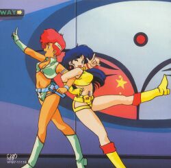  1980s_(style) 2girls \m/ blue_hair boots crop_top dark-skinned_female dark_skin dirty_pair gloves green_footwear gun happy headband kei_(dirty_pair) knee_boots long_hair midriff multiple_girls official_art one_eye_closed photoshop_(medium) red_hair retro_artstyle short_hair short_shorts shorts takachiho_haruka weapon yuri_(dirty_pair) 