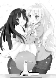  2girls blush greyscale jacket kani_biimu kirishima_shizuku long_hair monochrome multiple_girls open_mouth pantyhose ponytail shitogi_eris shorts sono_hanabira_ni_kuchizuke_wo 