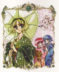  1990s_(style) 3girls alternate_hairstyle blonde_hair blue_eyes blue_hair blue_hairband bow braid cherry_blossoms clamp_(circle) furisode glasses green_eyes green_umbrella group_picture hair_ribbon hair_up hairband hououji_fuu japanese_clothes kimono long_hair magic_knight_rayearth multiple_girls obi official_art parasol red_hair retro_artstyle ribbon round_eyewear ryuuzaki_umi sash scan shidou_hikaru short_hair smile spring_(season) umbrella 