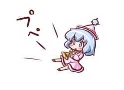  blue_eyes blue_hair blush chibi female hat instrument maitora merlin_prismriver solo touhou trumpet 