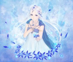  bad_id bad_pixiv_id blue_eyes blue_theme cape dress fantastic_children female furuhashi_mihiro jewelry leaf long_hair necklace solo tiara tina_(fantastic_children) white_hair 