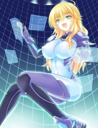  :d ahoge bad_id bad_pixiv_id blonde_hair blue_bodysuit bodysuit breasts commentary_request covered_navel covered_nipples female green_eyes hoshii_miki idolmaster idolmaster_(classic) impossible_clothes large_breasts long_hair open_mouth purple_legwear shima-shuu skin_tight smile solo 