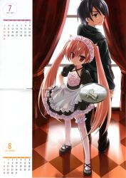  1boy 2011 absurdres black_hair calendar_(medium) female gun hidan_no_aria highres horn_hair_ornament kanzaki_h._aria kobuichi long_hair maid maid_headdress pink_hair red_eyes short_hair thighhighs tooyama_kinji twintails weapon white_legwear window 