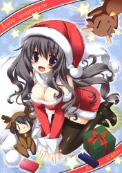  :d absurdres all_fours animal_costume bag black_hair black_legwear blue_eyes breasts chibi christmas cleavage copyright_name female gift hat high_heels highres itou_mikoto koiiro_soramoyou large_breasts long_hair long_sleeves lucie mole mole_under_eye open_mouth reindeer_costume santa_costume santa_hat shiny_clothes shiny_legwear shoes smile star_(symbol) tareme thighhighs utsumi_shizuna v_arms zettai_ryouiki |_| 