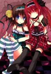  2girls absurdres bell black_legwear blue_eyes breasts brown_hair checkered_floor cleavage copyright_request frown highres lolita_fashion medium_breasts multiple_girls red_eyes red_hair shimotsuki_eri striped_clothes striped_thighhighs thighhighs 