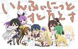  1boy 6+girls @_@ anger_vein angry black_hair blonde_hair blue_hair blue_hairband brown_hair cecilia_alcott charlotte_dunois chopsticks commentary_request copyright_name eyepatch food giving_up_the_ghost glasses grey_hair hairband huang_lingyin hug infinite_stratos laura_bodewig long_hair makeinutei multiple_girls orimura_chifuyu orimura_ichika ponytail purple_hair sandwich shinonono_houki shinonono_tabane short_hair smile sword weapon wooden_sword yamada_maya_(infinite_stratos) 