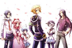  3boys 3girls armband bandages black_hair blonde_hair blue_eyes blue_hair commentary_request emukae_mukae hitoyoshi_zenkichi kurokami_maguro long_hair medaka_box multiple_boys multiple_girls munakata_kei naze_youka painttool_sai_(medium) pink_eyes pink_hair purple_eyes purple_hair red_eyes school_uniform shiranui_hansode skirt soritari sword weapon 