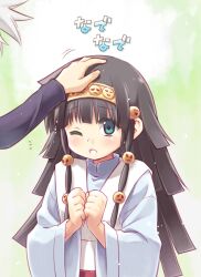  2boys alluka_zoldyck black_hair blue_eyes blush brothers commentary_request eretto hair_ornament hairband hands_on_own_chest headpat hunter_x_hunter japanese_clothes killua_zoldyck kimono male_focus multi-tied_hair multiple_boys one_eye_closed open_mouth otoko_no_ko photoshop_(medium) siblings white_hair 