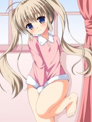  against_wall asa_no_ha_(awayuki) barefoot between_thighs blonde_hair blue_eyes blush bottomless commentary_request covering_crotch covering_privates female fur_trim head_tilt long_hair looking_at_viewer memi_(asa_no_ha) no_panties original photoshop_(medium) smile solo twintails 