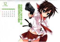  2011 aqua_eyes artist_request calendar_(medium) elle_watson female gun handgun hidan_no_aria highres holding holding_gun holding_weapon light_smile long_sleeves navel necktie school_uniform serafuku short_hair sig_p220/p226 sig_sauer simple_background skirt solo trigger_discipline weapon white_background 